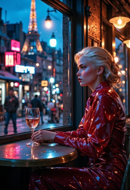 natural skin, The figure is presented in a three-quarter profile view, stylized portrait of a young woman sitting alone in a dimly lit 1980s night café, exhausted and with a worn, sorrowful expression. She holds a glass of wine, as she gazes distantly out the large café window. Her appearance resembles Marilyn Monroe, with soft, platinum blonde curls, bold burgundy lips, and a striking red dress that contrasts with her pale, distressed face. Behind her, the nighttime Paris street scene unfolds: the Eiffel Tower is visible in the distance, softly illuminated, with people walking by under warm, glowing streetlights. The café ambiance is nostalgic and retro, with muted neon lights casting a gentle glow across her face. Reflections in the window add depth, and the color palette blends deep reds, soft blues, and warm yellows, creating a somber yet timeless mood. The lighting is dramatic. The image is styled with a muted color palette, The image has a slightly desaturated, moody aesthetic, with soft lighting. The overall aesthetic is ethereal and slightly melancholic yet intimate, reminiscent of fine art photography. High detail, cinematic lighting. (cinematic, film grain:1.1), The style is reminiscent of Japanese fashion photography. soft natural lighting, intricate details, detailed, high quality, 8k, style of Light painting, aidmaglow, Expressiveh, dark_tears,