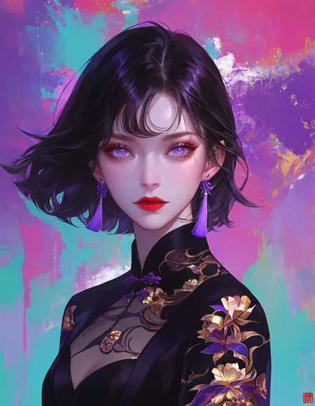 fantastical, ethereal aesthetic,1girl wearing black dress with floral patterns, purple earrings, and looking at the camera with a pensive expression against a colorful, abstract background.
 <lora:fea_xl_v2:1>