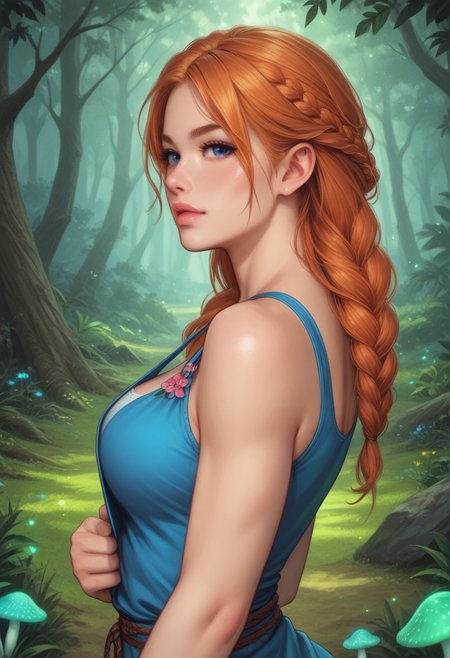 Beauty female shaped woman with intricate details, fit body, cute girl, blue eyes, ginger hair, beautiful princess, thick thighs, petite body, perky breasts, cute face, floral sundress, sandals, long hair, ((ultra detailed beauty faces)), full body, action pose, big brightness blue eyes, with big dagger in hands
Background: A whimsical landscape filled with giant, vibrant mushrooms in various colors. Towering red, blue, and purple mushrooms cast playful shadows. Lush, green moss carpets the ground, dotted with tiny, glowing fairy lights. A sparkling stream winds through the scene, reflecting the colorful mushrooms. In the distance, a mystical forest with twisted, ancient trees adds depth. The air is filled with the scent of earth and the soft hum of magical creatures.
score_7_up, rating_explicit, Expressive, (upper body:1.8), dynamic pose. ((side view))
(((full-clothed))),
 <lora:add-detail-xl:1>
 <lora:Dynamic Poses:1>