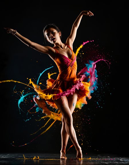 zavy-splsh, capture the moment paint splashes across a dancer in mid-spin, 100mm f/2.8 macro lens,