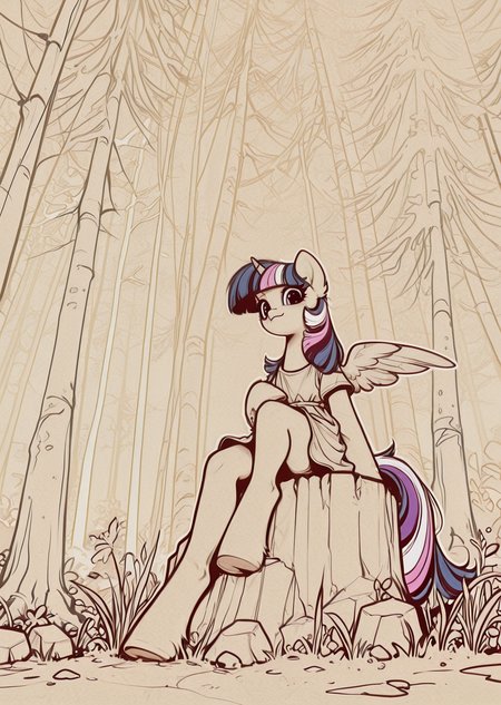 (photorealistic:1.3), solo, twilight_sparkle_\(my_little_pony\), leg up,(dynamic comparison:1.3), masterpiece, best quality, very aesthetic, [sketch:no_lineart], looking_at_viewer, humanization, sitting, casual dress, fur, wings, outline, , [minimalism:0.9], from_below, foot bottom view, sole, toys, BREAK, (forest:1.3), grass, warm, summer,
