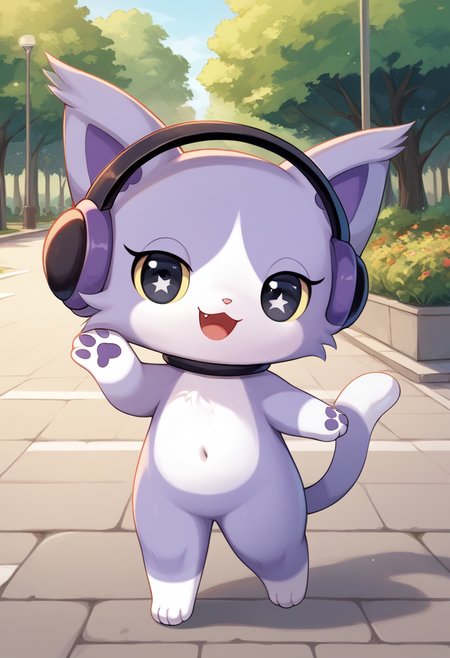 score_9, score_8_up, score_7_up, score_6_up, score_5_up, BREAK
layla, cat, headphones, open mouth, :3, looking at viewer, colored sclera, furry, chibi, feral, park, smile, happy, purple paw print, black eyes
