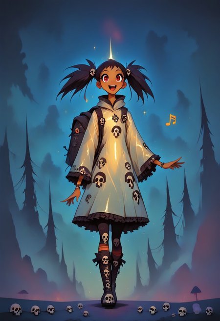 (masterpiece, best quality, high quality, good quality), 1girl, solo, petite, twintails, raincoat, backpack, frilled skirt, rubber boots, blue sky, walking, on cloud, happy, humming, musical note, rainbow, sparkle, sunlight, bird, full body, pastel colors, colorful
,FFAnime Style, slimes_skullwm, made of skulls