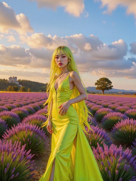 highly detailed ultra high resolution masterwork fashion magazine photo shot with a hasselblad 500c at dawn, kodak ektar 100, 120mm, f/1. 8 lens, extremely long and voluminous hime-cut hairstyle, silky shimmering perfectly straight hair, accurate haircut, perfect hair, perfect hands, a young asian top model wearing a spectacular avant-garde gown featuring a corset and intricate folds, the scene captures a breathtaking early morning in the heart of a vast lavender field in provence, france, the rows of vibrant purple lavender stretch towards the distance, only broken up by an ancient oak in the middle ground and a castle on a steep hill in the background, soft morning light bathes the landscape, casting long shadows and a golden glow over the scene, the sky is dramatic - hued in blue and warm peach intermingled with streaks of wispy cirrus clouds and billowing cumulus clouds that catch the early sunlight, the interplay of light and shadow within the clouds adds a dynamic and painterly quality to the sky, faint morning mist lingers above the lavender, enhancing the sceneâs ethereal charm. standing amidst the lush lavender is yoyo, a stunning young asian model with her iconic silky neon yellow hair cascading down her back, her blunt bangs frame her perfect face, emphasizing her flawless complexion, heavy red eye makeup, and captivating eyes. she is posing in a pin-up pose, one leg bent at the knee and one hand grabbing her waist, the pose is playful and flirtatious. the plunging deep neckline and fitted silhouette of her attire highlight her perfect proportions, while the bold design of the avant-garde fashion complements her style, the interplay between the dress, her neon yellow hair, and the lavender creates a stunning visual harmony. the early morning light is casting soft rim lighting along her figure and illuminating the lavender around her with warm golden tones, subtle shadows and highlights bring out the texture of the lavender blooms, her hair catches the sunlight in a spectacular fashion, creating an almost dreamlike aura around her. shot in a cinematic style with a balanced composition. delicate details in her attire, her hair, and the vibrant lavender blossoms are rendered with hyper-realistic precision, detailed background, dappled lighting, rim lighting, volumetric lighting, light passing through hair, uhd, ultra high definition, hdr, 8k, 4k, cinematic, subsurface scattering, fictionalyoyo, sinfully stylish, 
<lora:yoyo-character-flux-by_meower2024:0.8>
<lora:style-midjourney_lucid_dreams-flux-by_kawaiikitsuneai:0.8>
<lora:sinfully_stylish-dramatic_lighting-v1.0-flux-by_exuberantconsent:0.4>
<lora:anti-blur-flux-by_vadimfedenko:1.4>