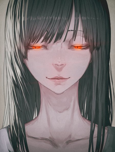 1girl, solo, facing viewer, portrait, upper body,
half-closed eyes, red eyes, slit pupils, smirk, 
masterpiece, best quality, amazing quality, very aesthetic, 
(lips, nose:1.2),
(by sawarakajin:1.25),