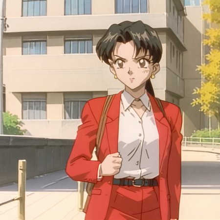 <lora:SakuraOVA_pony_v1:1>SakuraPonytailBag, 1girl, pencil skirt, retro artstyle, 1990s (style), red jacket, formal, skirt suit, ponytail, long hair, red skirt, white shirt, black hair, dressing, long sleeves, necktie, earrings, belt, jewelry, cowboy shot