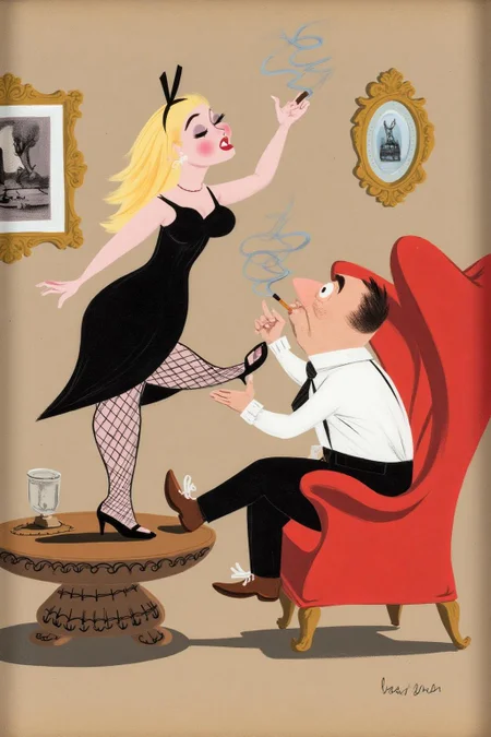 maryblair2 illustration.
jackvettriano1. A seated man kissing the raised foot of a woman.  On the left is the man, shown in side profile, in a white shirt and black trousers with a tie, seated in a red chair, holding a cigarette in one hand.  On the left is the lower body of the woman in a black dress with stockings and high heels stands on top of a coffee table with one foot raised, <lora:maryblair3_cap_d6a3e9:1.0><lora:855821327620175404:0>