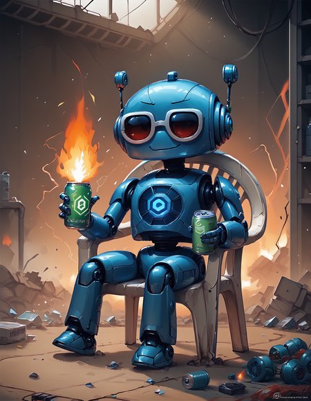 score_9,score_8_up,score_7_up, CivBot, blue robot, solo, sitting, plastic chair, leaning, holding can, sunglasses, smug, fire, destruction, cable, computers, sparks, electricity, indoors, messy room,  science fiction <lora:CivBotPDXL:1> <lora:PlasticChair_XLPD:1>