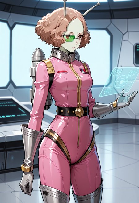 (masterwork, masterpiece, best quality, hyper-detailed),
1 girl, solo, 
p5haru, brown hair, short hair, wavy hair,
p5haru-cognitive, spacesuit, pink bodysuit, belt, studded belt, gloves, thigh boots, silver boots, alien, silver gloves, jetpack, scouter, holographic interface, antennae, colored skin, green skin, science fiction, cosplay, alternate outfit, 
indoors, space ship, laboratory, science fiction, standing, cowboy shot,