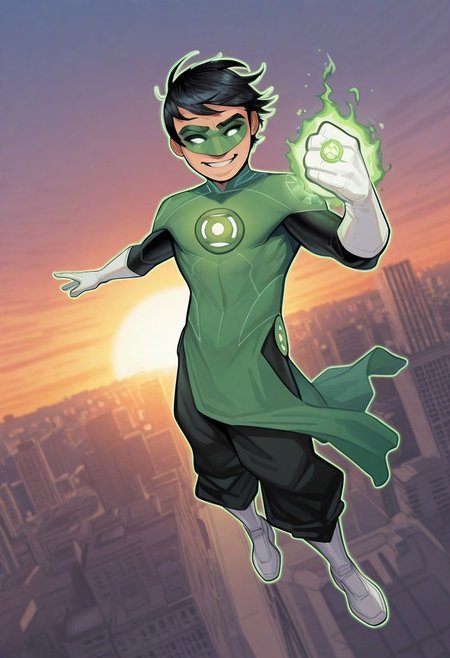 masterpiece, absurdres, high quality, perfect anatomy, 1boy, solo, cute boy, male focus, TaiPham, Black Hair, Green Lantern Ring, Green Lantern Costume, Green and Black Bodysuit, Green Domino Mask, White Eyes, White Gloves, Pelvic Curtain, Black Pants, White Shoes, Glowing Green Outline, Green Energy Aura, floating, levitating, big smile, cinematic, intricately detailed illustration, depth of field, masterpiece, best quality, amazing quality, very aesthetic, absurdres, newest, very awa,  shadow, dynamic angle, casual cosplay, dynamic pose, flying, city, sunset,