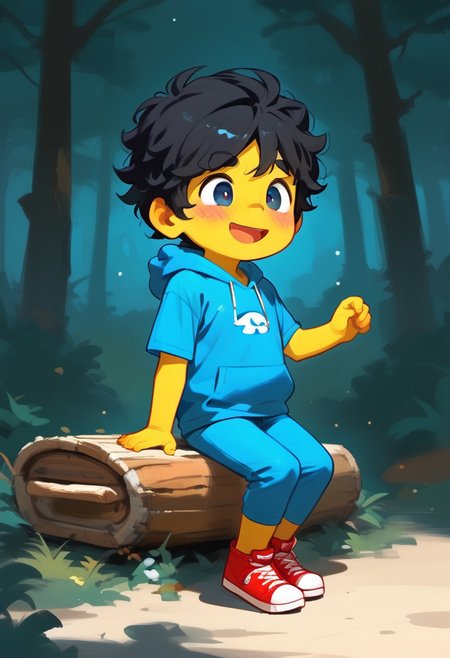 score_9, score_8_up, score_8, ((high_quality)), ((Super_Detailed)),  1boy,(max (camp camp),:1.2) solo, hood, blue hoodie,chubby, yellow shirt, blue pants, red shoes, (curly black hair,:1.2) dark skin ,cute, chibi, small body, cartoony, cartoon style, (by ardidon:1.2),max ((Super_Detailed)),camp background, cartoony, cartoon style, (by ardidon:1.2),max, dynamic angle, side view, view from the side, full body, excited face, fear face, blushing, digital art, c4toony style