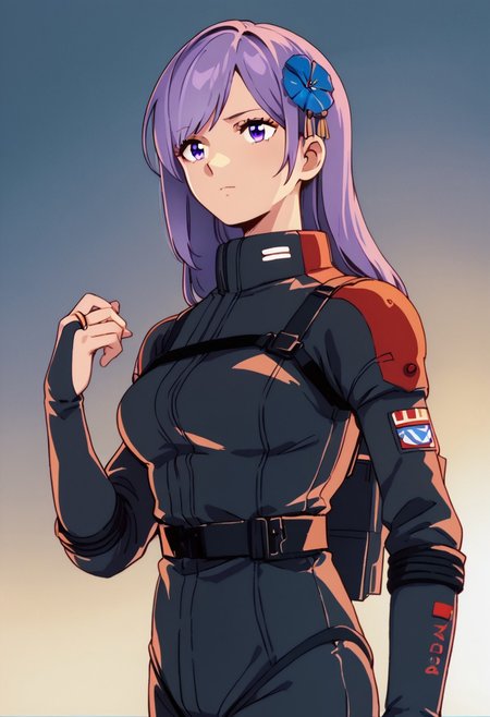 zPDXL3, asano_ruri, purple eyes,  long hair, purple hair, hair ornament,  virtual youtuber,bangs,hair flower, bridal gauntlets,medium breasts,black spacesuit, black gloves,