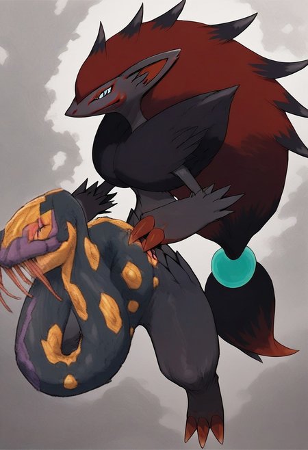 score_9, score_8_up, score_7_up, source_anime, Zoroark, pokemon (creature), a crotchseviper, feral, solo, holding crotchseviper in hand, long thick crotchseviper