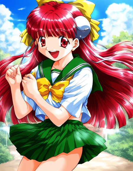 score_9, score_8_up, score_7_up, source_anime, rating_explicit, BREAK  <lora:Nanako_RISE_XL:1>ãNanako_RISE, long hair, red hair, red eyes,  bangs,  hair bow, headgear, yellow bow, solo,
Yellow school uniform, smile, open mouth, bow, hat, green skirt,  Yellow short sleeves, sailor collar,
outdoor, sky, school,