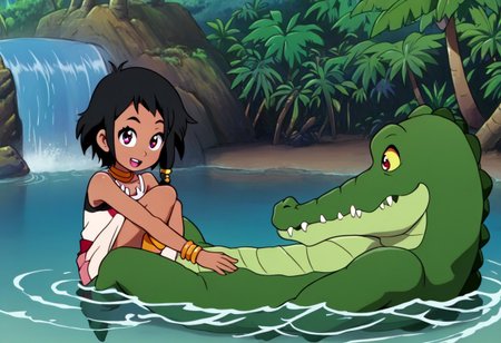 Tick tock crocodile,male animal focus,tail, crocodile , crocodile mouth open,smile ,green skin, blue eyes, Tick Tock the crocodile is giant and very huge size,teeth, crocodile swimming and submerged in the water,Tick Tock the crocodile looking Choi_mochimazzi,Choi_mochimazzi an anime girl, 1girl, looking at viewer, smile, short hair, Choi_mochimazzi sitting down on the the rock,Choi_mochimazzi IS her very little size. Base - choim, short hair, black hair, red eyes, dark-skinned female,purple eyes, Base Outfit - dress, jewelry, dark skin, necklace, bracelet, wristband, neck ring, anklet, barefoot,river,palm trees, jungle, tropical _island,village, temple,Disney, waterfall,retro_anime, manga,tamako_market