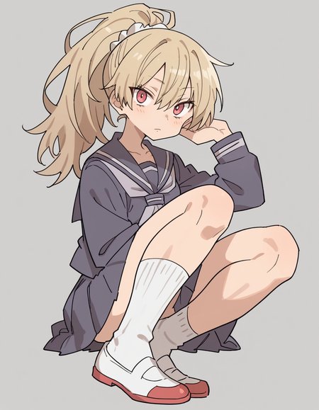 zPDXL, score_9, score_8_up, score_7_up, score_6_up, score_5_up, score_4_up, 1girl, solo,
 <lora:Maa:0.8> maa, flat color, serafuku, school uniform, pleated skirt, socks, white footwear, uwabaki, looking at viewer, ponytail with bangs, muscular,