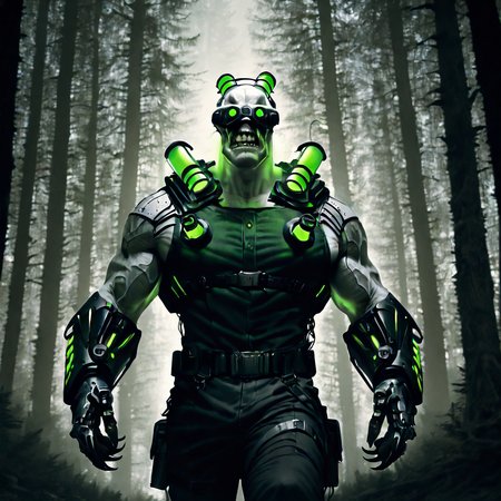 absurdres,newest,best quality,masterpiece,realistic,cinematic,photo,film graiin,HDR,DLSR,solo,1boy,cybermutant,pale skin,glowing green tubes,vr headset,tattered clothing,belts,claws,teeth,walking,cowboy shot,outdoors,forest,trees
