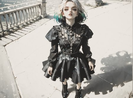 score_9, score_8_up, score_7_up, Fighting scene, shot from above, looking up against all odds, 1girl, pale skin, medium breasts, <lora:sm0k3XLP:1>, <lora:goth_clothes:1>, goth dress, gothic, black dress, detailed dress, black high heeled shoes, neon hair color, two tone hair, <lora:nashidrop:1>, <lora:Dark_Retro_Scifi_Aesthetic:1>,