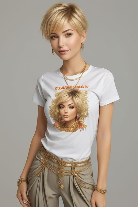 masterpiece,best quality,ultra_detailed, bellissima, 1girl , smile, haircut style pixie, blonde hair, high heel boots, jewelry, pants, short hair, simple background, t-shirt, very short hair, westwood style 1girl