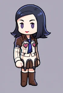 score_9, score_8_up, score_7_up, source_anime BREAK 1girl, solo,
 <lora:Feh-Sprites-pdxl_Fp:1> simple background, chibi, full body
 <lora:zs_MayaXL:1> mayap2, medium hair, black hair, purple eyes, lipstick, jacket, hearts, blue necktie, skirt, knee boots, smile