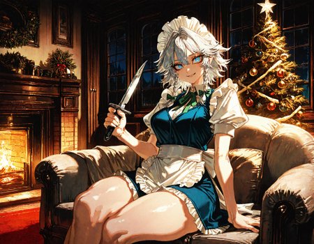 1girl,   izayoi_sakuya, apron, blue_eyes ,breasts ,collared_shirt ,cowboy_shot ,curvy, dress, frilled_apron, frilled_dress, frills ,green_ribbon ,grey_dress , maid ,maid_headdress ,medium_breasts ,neck_ribbon ,puffy_short_sleeves, puffy_sleeves, ribbon ,shirt ,short_dress, short_sleeves ,smile ,solo,  thick_thighs, thighs, ,waist_apron ,white_apron ,white_shirt, window,   holding ,holding_knife, knife ,looking_at_viewer,  from_behind , relaxing ,sitting,
chrlib, scenery, indoors, living room, night, oven, christmas tree, christmas ornaments, red carpet,
, Fishine,ireading ,noya_makoto ,quasarcake, retro_artstyle, retro,looking_at_viewer ,
masterpiece, best quality, amazing quality, very aesthetic, absurdres,  newest, <lora:ponyv5_noobE11_1_adamW:0.6>, <lora:add-detail-xl:0.5>, <lora:cfg_scale_boost:0.5>, <lora:retro_scifi_artstyle:0.6>, <lora:USNR STYLE_XL_loha:0.6>, <lora:Christmas living room:0.6>