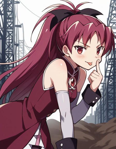 score_9, score_8_up, score_7_up, source_anime, <lora:kyouko-sakura-s1-ponyxl-lora-nochekaiser:1>, kyouko sakura, long hair, red eyes, ponytail, hair bow, red hair,, thighhighs, bare shoulders, detached sleeves, black thighhighs, magical girl,, construction site, machines, workers, progress, dirt, smile, <lora:akanbe-ponyxl-lora-nochekaiser:1>, akanbe, eyelid pull, finger to eye, tongue out, :p, tongue, ;p, blush, leaning forward, bent over, from side,, looking at viewer, solo,, dutch angle, cowboy shot