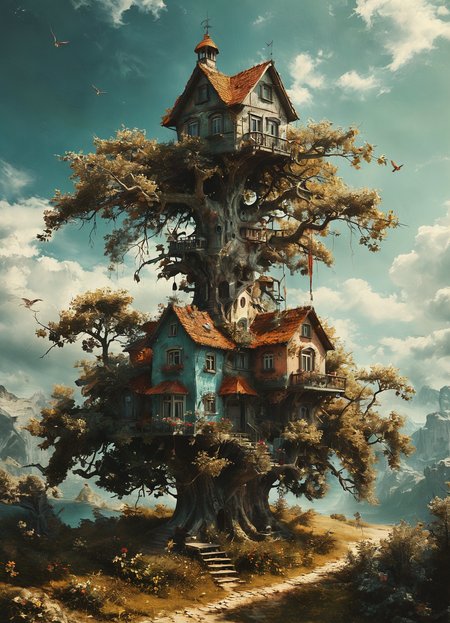 a house on a tree,style of Matthias Haker,<lora:tbh168-sdxl:0.8>,<lora:Desolation:0.3>,