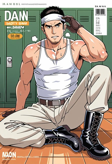(Aaaild, Aaadjd, manga cover, magazine cover, text) source_anime,  perfect anatomy, perfect proportions, best quality, masterpiece, high_resolution, high quality, (solo focus, male focus, male only, bara, gay, homo, mature, masculine, manly, virile, macho, hunky, rugged, middle-age, daddy, dilf, handsome), alluring, seductive, heroic, serious, grim, stern, unsociability, bluntness, gruffness, naughty face, moaning, dazed, looking away, focusing gaze, BREAK (asian man, dark eyes, black hair, sideburns, unkept facial hair, stubble, chinstrap beard), BREAK (construction working wear, white tank-top, white headband, light-green working trousers, working pants, black working boots, black working gloves), BREAK sitting on floor, lying on back, relaxed pose, leaning slightly, one knee bent upward, legs spread, hand supporting head, contemplative expression, horny, kinky, domination, heavy breathing, enticed, excessively sweaty shiny skin, shading, countershading, indoors, locker room, dark atmosphere,