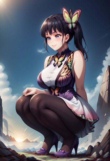 score_9, score_8_up, source_anime, BREAK 1girl, masterpiece, best quality, kanao tsuyuri, black hair, butterfly, butterfly hair ornament, purple eyes, side ponytail, ponytail, leggings, textured leggings, black legging, full black tights, necklace jewelry, purple high heels, pink butterfly dress, white skirt, big breasts, squatting position, giantess full body shots, giantess, giant, goddess, size difference, slight smile, blushing, growing even bigger, long legs, perfect arms, perfect hands, perfect face, perfect legs, perfect thighs, perfect feet, perfect eyes, divine goddess, mountain landscape, giga giantess, giantess squatting on a cityscape, destruction, rampage, huge craters, ravines, cracks in the ground, earthquake, smoke, fire, destroyed city, ruins, rubble, debris, crumbling, destroyed buildings, rampage in the city, destruction in the city, destroyed cityscape,