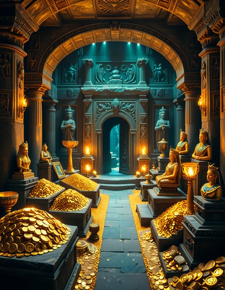 A hidden treasure chamber deep within an ancient temple, illuminated by the warm golden glow of torches and mystical blue light from enchanted crystals. The room is filled with piles of gold coins, jewel-encrusted goblets, and ancient artifacts covered in dust. Massive stone statues of forgotten deities guard the chamber, their eyes glowing faintly as if watching intruders. In the center, a grand pedestal holds a legendary artifactâan ornate golden crown encrusted with emeralds and sapphires, shimmering with an otherworldly aura. The walls are adorned with intricate carvings depicting lost civilizations, and creeping vines hint at centuries of abandonment. The atmosphere is mystical and slightly eerie, with a sense of both wonder and danger. The air is thick with the scent of aged parchment and burning incense, adding to the chamberâs ancient and mysterious feel. Cinematic lighting with dramatic shadows enhances the depth and richness of the scene, creating a visually stunning and immersive environment.
<lora:SDXLFaeTastic2400:0.4> <lora:extremely_detailed:0.4> extremely detailed, <lora:treasure_ch4mb3r:1>,treasure ch4mb3r, Masterpiece,best quality,hi res,8k,hi res,8k,award winning,(sharp focus, intricate, highly detailed),