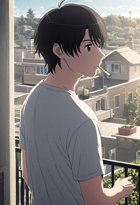 high resolution, solo, best quality, 1Boy, Inaho Kaizuka, Black Hair, Brown Eyes, home balcony, morning, cigarette, coffee, t-shirt, shorts, looking away, OverallDetail
