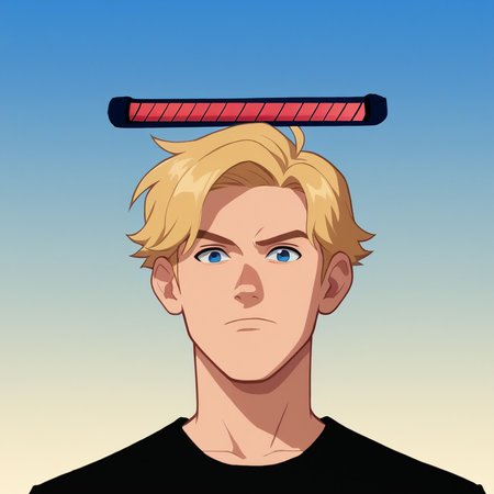 score_8_up, BREAK, 1boy, solo, blonde hair, blue eyes, black shirt, upper body, gradient background, HealthBar, Health Bar,  <lora:RedHealthBar_PXL_Leaf1:1>