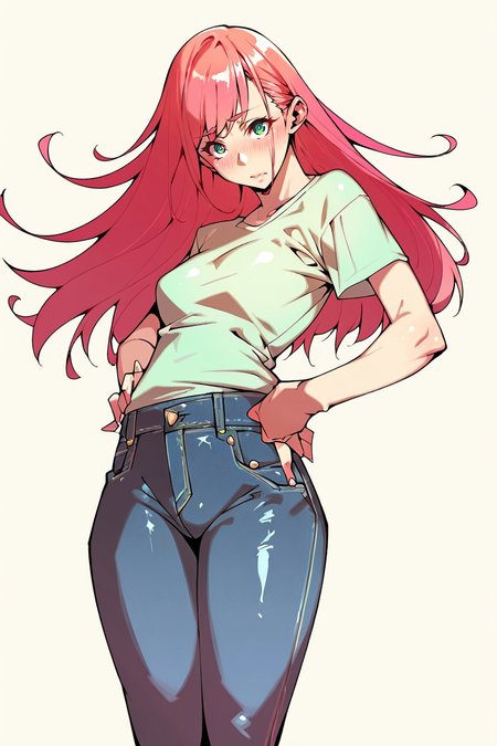 <lora:Futa-Tsu:1>, score_9, score_8_up, score_7_up, score_6_up, score_5_up, rating_questionable, source cartoon
1girl, pretty face, pretty eyes, detailed eyes, HD eyes, thick thighs
hands on hips, standing, cowboy shot
looking at viewer, blush, eyebrows, long hair, red hair, green eyes jeans, green t-shirt, boots, high waisted jeans
simple background, white background