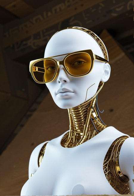octane render, Golden ratio, Unique Haitian Ghost type (Female Robot:1.1) with Ceramic skin, Retrofuturistic Browline glasses, inside a Great Pyramid of Giza, in focus, Bimbocore, robotic, womanly, RAW photo, masterpiece, photorealistic, 8k, (blurry:-1) , (sharp focus)