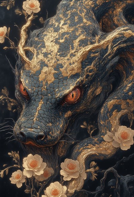 in a river, crawling Black Snake,,embedded with golden embroidery runes snake of the heavens, Showing it is indeed year of snake