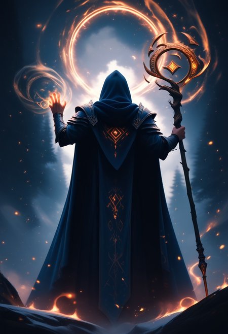 score_9,score_8_up,score_7_up, wizard holding a glowing mage's staff, readying for battle, glowing symbols on the staff, magic, spell casting, fantasy scene