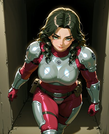 PonyScores7, source_anime, ah1, <lora:natsumi_style:0.5>, <lora:by_usakun-pony:0.4> by usakun, <lora:Akina_Bbw_Style_-_PonyXL:0.2> AkinBw
BREAK 1girl, (curly hair), long hair, (black hair:1.3), mature female, (parted hair:1.7), (round face:1.2), (thick eyebrows:1.5), (curvy), round-chin, (greenish hazel eyes), caucasian, (downturned eyes:1.4), (plump face), messy hair, <lora:Round_face:0.1>, <lora:ETO_OCPonyXL:0.5> eto_oc, skindentation, (plump), thick thighs, wide hips, busty, voluptuous, kinky curls, lips, <lora:venus body PonyXL:0.4>,  (A seductive look with a faint, suggestive smile and a raised eyebrow, smile), (making a last stand), (tunnel), looking at viewer, (Purple and Orange  <lora:Terraformars:0.4> terraformarsmoviebodysuit, armored bodysuit, boobplate, shoulder pads, wrist guards, gloves, utility belt, belt pouch, hip armor, crotch plate, thigh armor, knee pads, shin guards, armored shoes)
BREAK <lora:xl_more_art-full_v1:0.2>, <lora:shinyskin2:0.2> glistening skin, <lora:aesthetic_anime_v1s:0.2>, <lora:Expressive_H:0.2> Expressiveh, <lora:hairdetailpxl:0.2> hairdetailpxl, <lora:EpicF4nta5yXL:0.2>, <lora:detailxl:0.2> detailxl, <lora:Fant5yP0ny:0.2>, best quality, amazing quality, best aesthetic, absurdres, <lora:expressive eyes:0.2> expressive eyes, <lora:eyedetailpxl:0.2> eyedetailpxl, illustration, Volumetric_Lighting, ultra-detailed, very aesthetic, intricate details, 8k, masterpiece, best_quality 
BREAK (Handheld Shot) 
BREAK <lora:Eyes_High_Definition:0.3> EyesHD, Stable_Yogis_PDXL_Positives, AS-Adult, <lora:Complicated fantasy portrait - XL Pony V2.0:0.4>, bad-hands-5