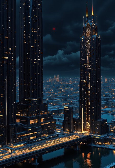 « Bridges of black glass link the towers to the river below. »
