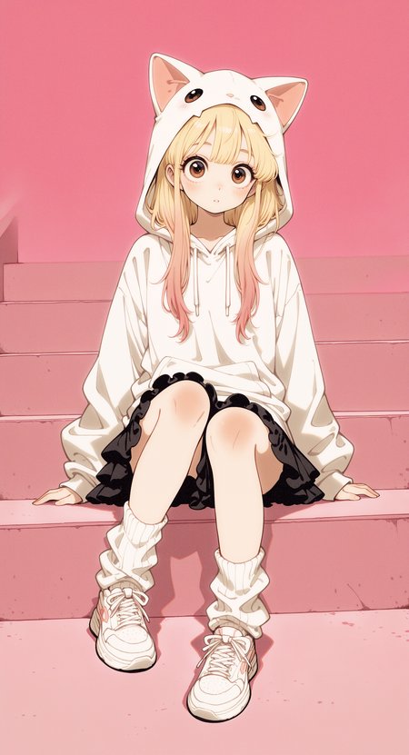 masterpiece, best quality, good quality, very awa, very aesthetic, absurdres, newest, 1girl, solo, long hair, blonde hair, brown eyes, pink hair, gradient hair, multicolored hair, big eyes, skirt, long sleeves, frills, shoes, socks, hood, black skirt, fake animal ears, hoodie, white socks, white footwear, frilled skirt, sneakers, hood up, animal hood, white hoodie, loose socks, cat hood, looking at viewer, blush, sitting, parted lips, Sitting on the steps,
full body,
pink background, vfaix,retro_artstyle, retro <lora:illustriousXL_stabilizer_v1.23:0.3> <lora:NOOB_vp1_detailer_by_volnovik_v1:0.3> <lora:ponyv6_noobE11_2_adamW-000017:0.3> <lora:HB_091:0.4> <lora:retro_scifi_artstyle_illustriousXL-000021:0.5> <lora:veluflora-wai:0.75>