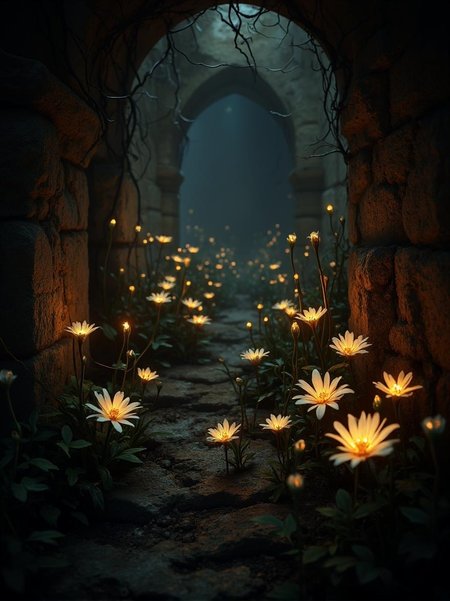 <lora:Green_cuties-000004.safetensors:1>
A dimly lit chamber reveals an eerie beauty: luminescent white flowers with golden-orange centers sprout from the shadows on ancient stone walls. Soft lighting emphasizes intricate patterns created by branches and buds in a disquieting dance. Burnt orange hues add foreboding tension, drawing focus to every curve and shadow. The atmosphere is unsettling yet captivating, inviting introspection.