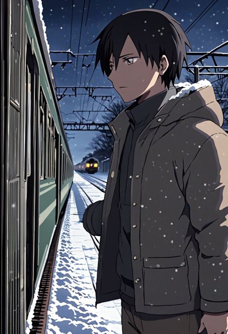 Highres, Masterpiece, High Quality, 4K, 8K, solo, 1Boy, Takaki Toono, adult, black hair, short hair, casual, snow jacket, train station, stuck train, blizzard, night, easynegative, detailed_eye_model