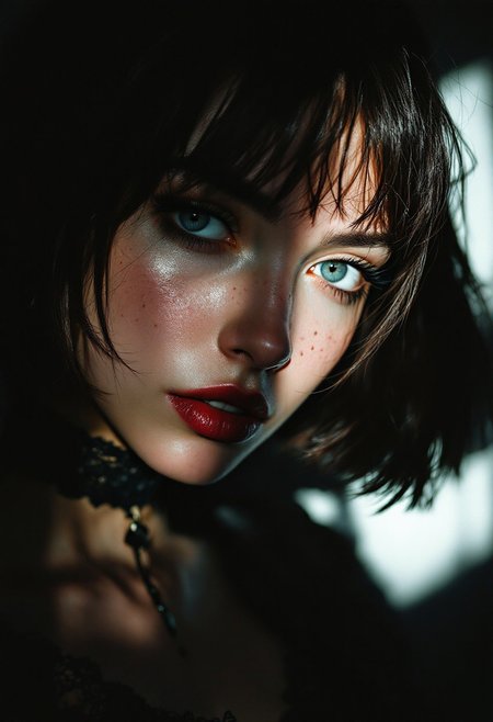 Photorealistic portrait of a young woman with a delicate, angular face featuring soft freckles across her nose and cheeks. She has a short, choppy light chestnut brown bob haircut with uneven bangs that frame her expressive, slightly downturned blue eyes. Her pale skin is accentuated by the contrast of light hitting one side of her face, leaving the other in shadow. lace choker,cleaveage,  corset,seductive,sultry, seductive,  blending gothic elegance with a soft, vulnerable expression. The background is silhouetted, creating a dramatic and mysterious atmosphere