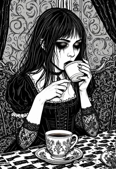 gothic, digital illustration, flat colors, line art, black and white, Mentally unstable Alice Lidell drinking tea, disturbed, sad, sexy,