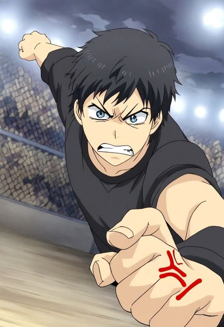high resolution, solo, best quality, 1Boy, Arata Kaizaki, Black Hair, Blue Eyes, anger, fight, OverallDetail