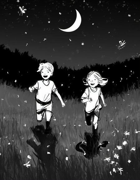 Two kids, chasing fireflies, in a meadow under a starry night. <lora:Storyboard_sketch:0.85>