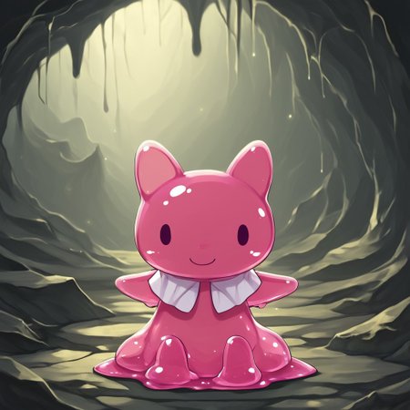 In a cave showing light above,sl1m3d,slime-morph,Mymelo made out of slime, anthro, 1female,hooded capelet, pink ears,solo,smile at you on a cute way,beautiful,high-quality,