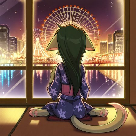 score_9, score_8_up, score_7_up,lilith_calah,
1girl,solo,furry,tail,dark green hair, source_furry, masterpiece, 
 ,<lora:lilith_calah_illustrious:0.8>,
kid, child, 
ferris_wheel, night, city_lights, yukata, festival, sitting, looking_out_window, long_hair, gentle_smile, sparkles, warm_lighting, soft_focus, scenic_view, peaceful_expression, detailed_background