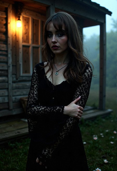 
Extremely photorealistic photography of A Gothic woman with dark tones and intricate details, dressed in a bohemian crochet dress with voluminous bell sleeves. The outside rustic wooden house setting is illuminated by dramatic, high-contrast lighting, creating a moody, mysterious atmosphere. Black flowers and wilted blooms add to the textured, haunting beauty of the scene.

Incorporate a light mist or fog rolling through her surrounding, softening the edges and adding mystery.Introduce floating dust particles illuminated by light beams, adding texture and realism.

She tucks her chin slightly, with her arms crossed and a thoughtful gaze.





