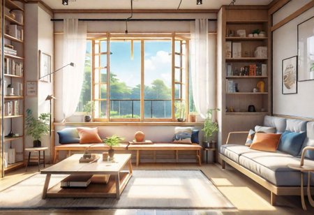 anime-style, modern-style interior, with white walls and large windows, Nordic-style furniture, a  study, Sofa, coffee table, bookcase, single wall, 
warm light morning sun, the view of the city