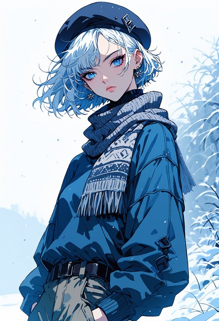 score_9, score_8_up, score_7_up,source_anime,1girl,solo,white hair,short hair,choppy hair,disheveled hair,swept bangs,blue marine eyes,perfecteyes,eyebrows,hair behind ear,earrings,diamond earrings,blue earrings,high neck sweater,dark blue sweater,white scarf,scarf around neck,,beret,belt,fur trim jacket,cargo pants,headtilt,snow storm,snowing,snow,siozick,flat colors,closed mouth,((full body))